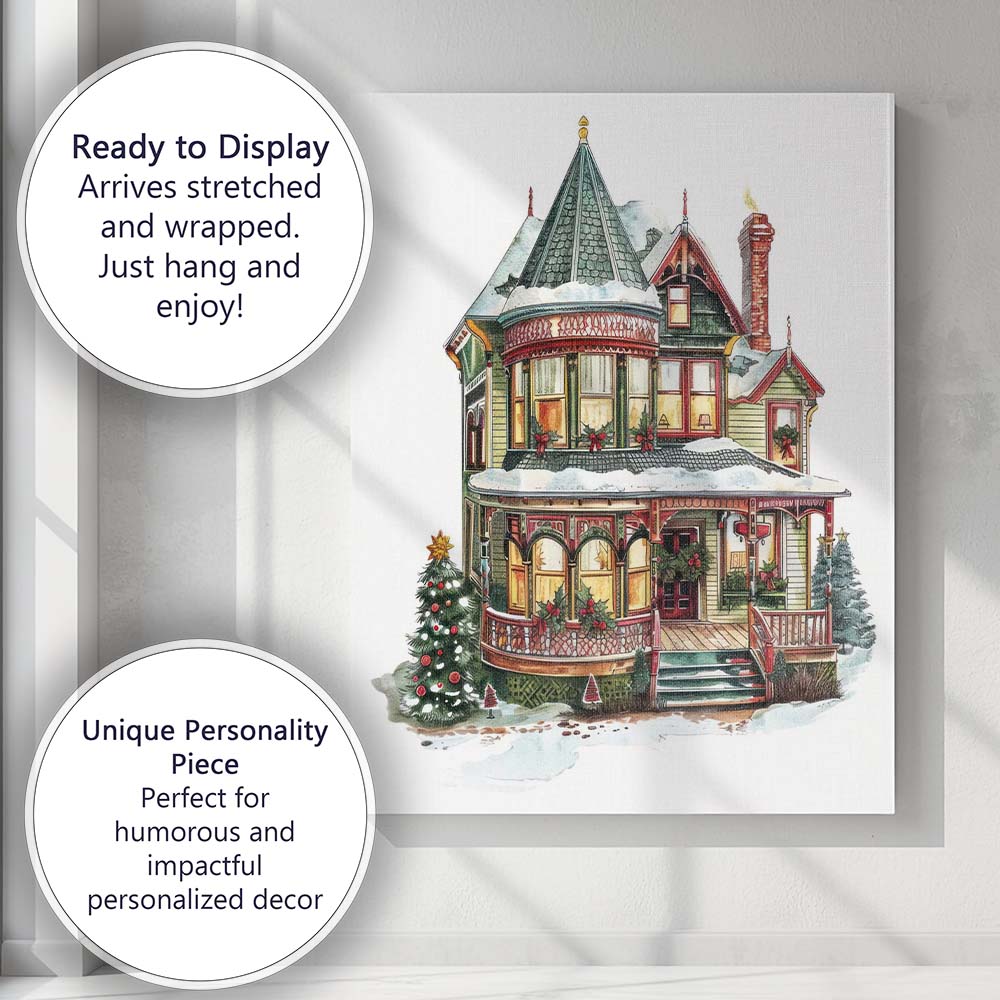 Victorian Christmas House Snowy Holiday Village Illustration Canvas Wall Art Print Decor Picture Ready to Hang