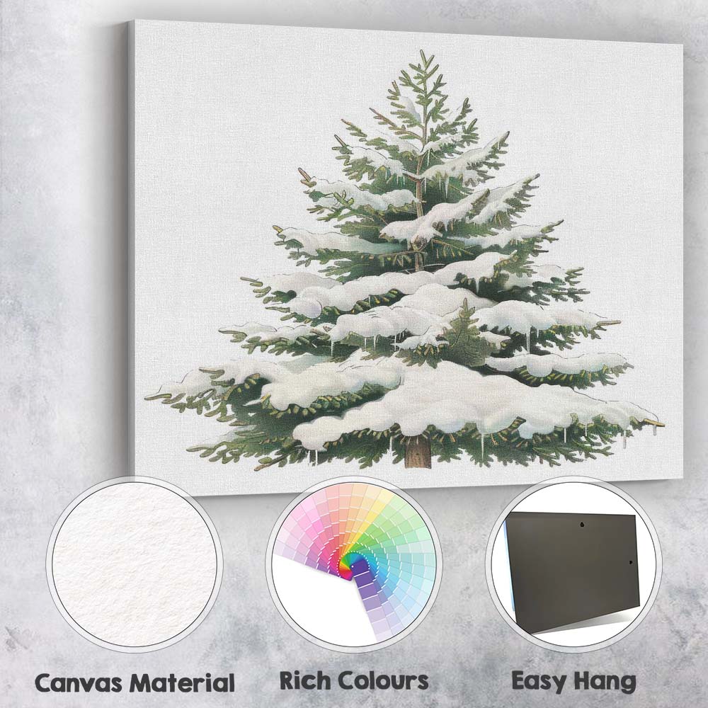 Snow Covered Evergreen Pine Tree Winter Woodland Botanical Illustration Canvas Wall Art Print Decor Picture Ready to Hang