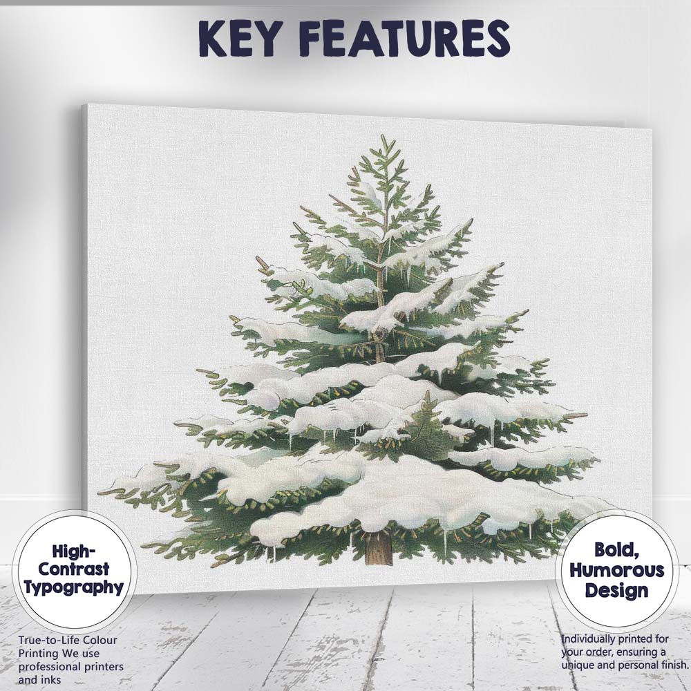Snow Covered Evergreen Pine Tree Winter Woodland Botanical Illustration Canvas Wall Art Print Decor Picture Ready to Hang