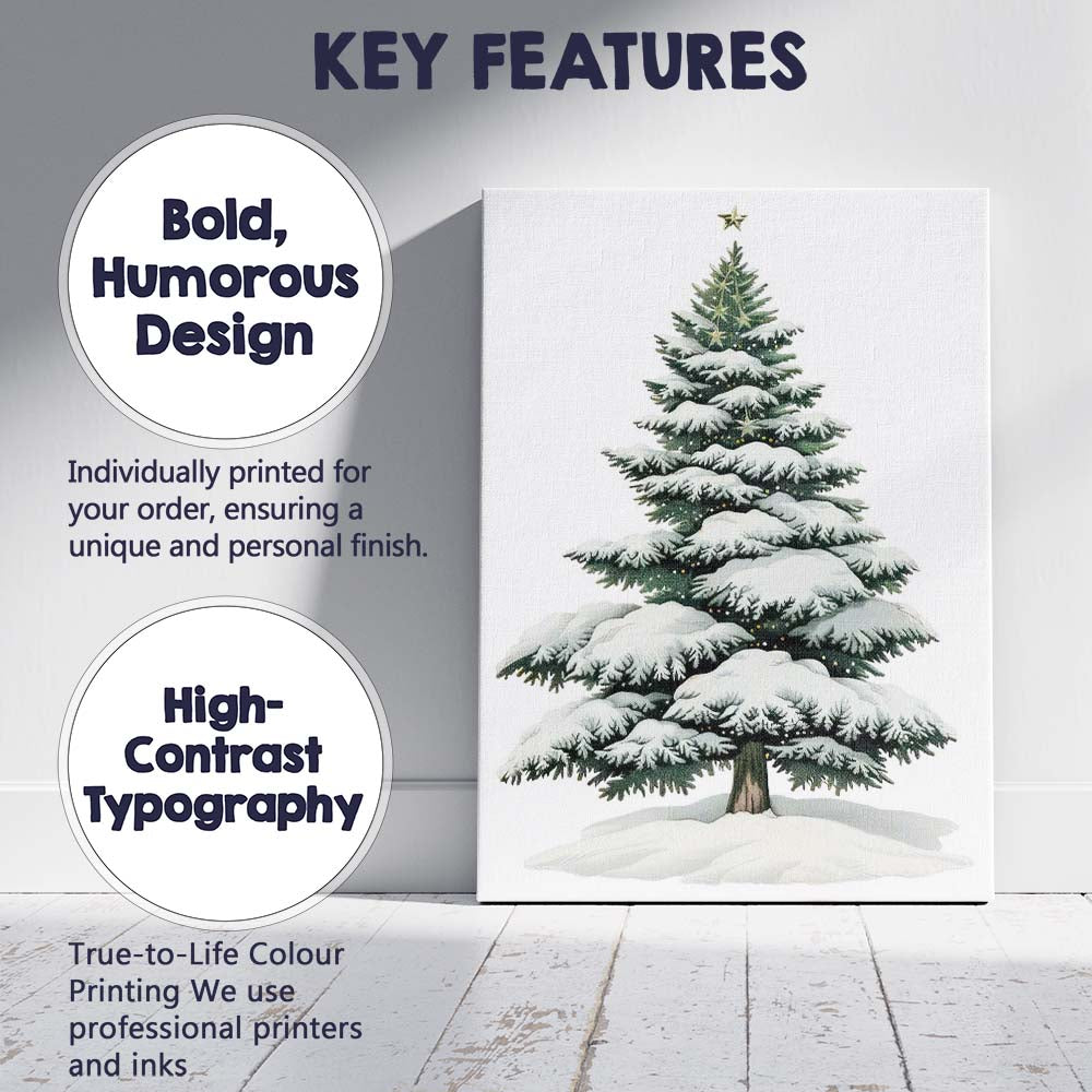 Snow Covered Festive Evergreen Tree Winter Holiday Illustration Canvas Wall Art Print Decor Picture Ready to Hang