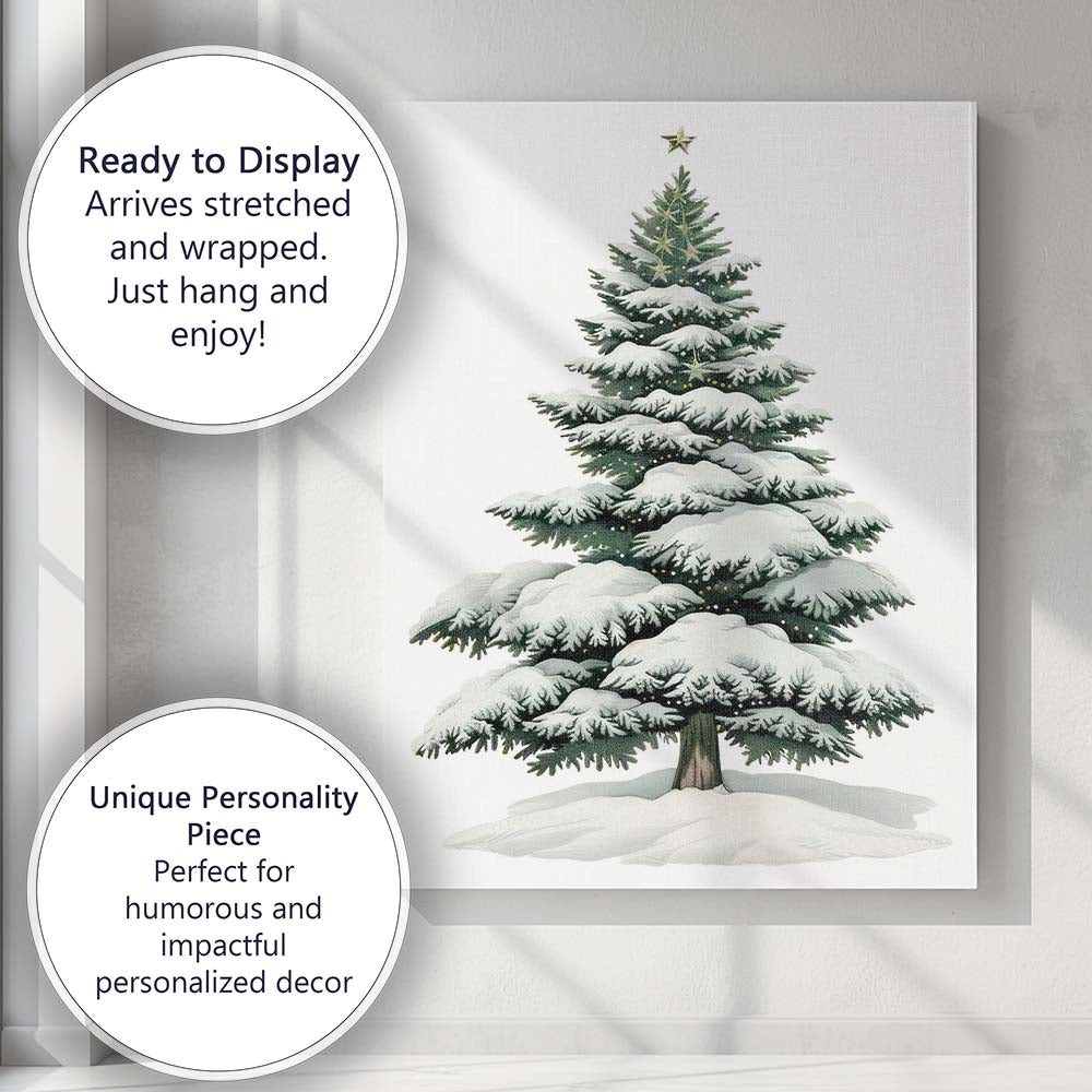 Snow Covered Festive Evergreen Tree Winter Holiday Illustration Canvas Wall Art Print Decor Picture Ready to Hang