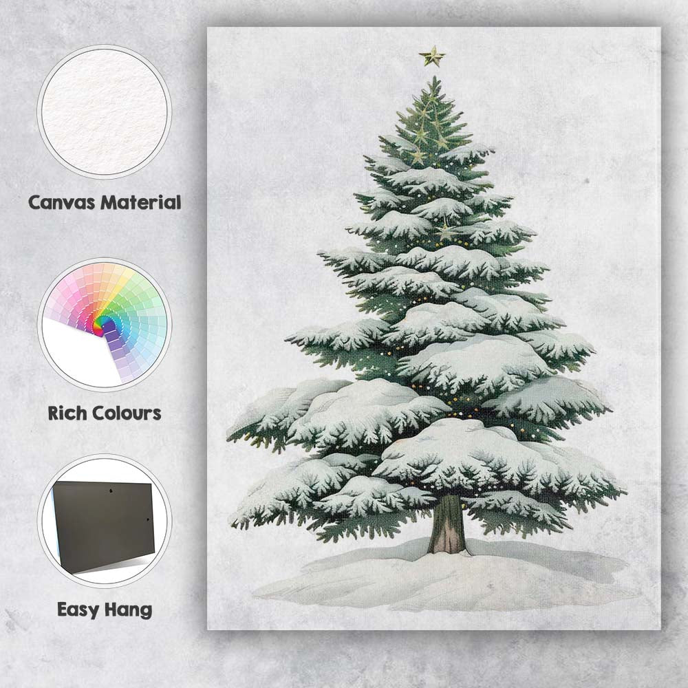 Snow Covered Festive Evergreen Tree Winter Holiday Illustration Canvas Wall Art Print Decor Picture Ready to Hang