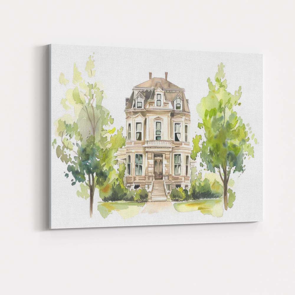 Elegant Victorian House Watercolour Architecture Garden Scene Canvas Wall Art Print Decor Picture Ready to Hang