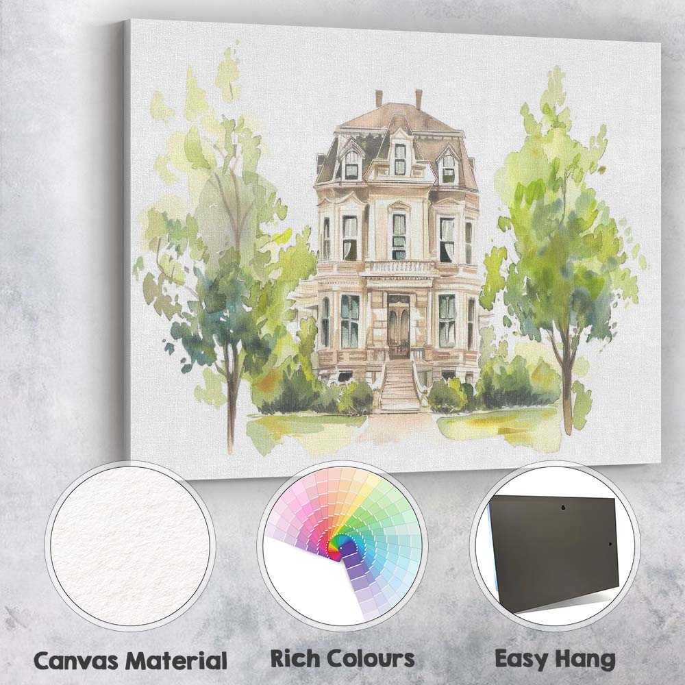 Elegant Victorian House Watercolour Architecture Garden Scene Canvas Wall Art Print Decor Picture Ready to Hang