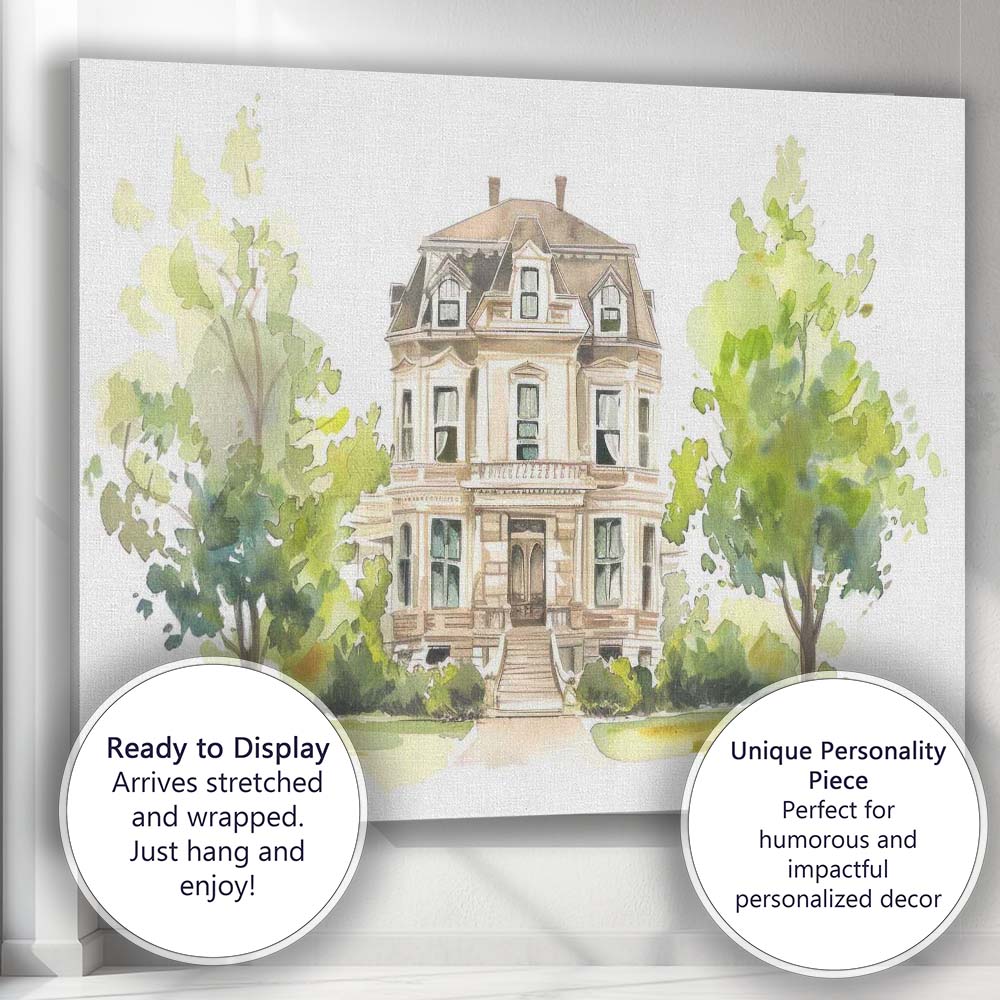 Elegant Victorian House Watercolour Architecture Garden Scene Canvas Wall Art Print Decor Picture Ready to Hang