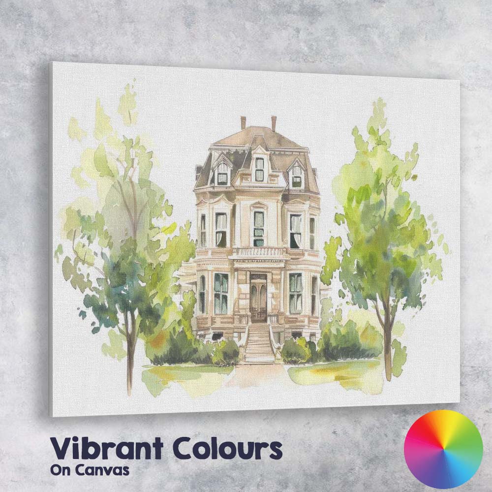 Elegant Victorian House Watercolour Architecture Garden Scene Canvas Wall Art Print Decor Picture Ready to Hang