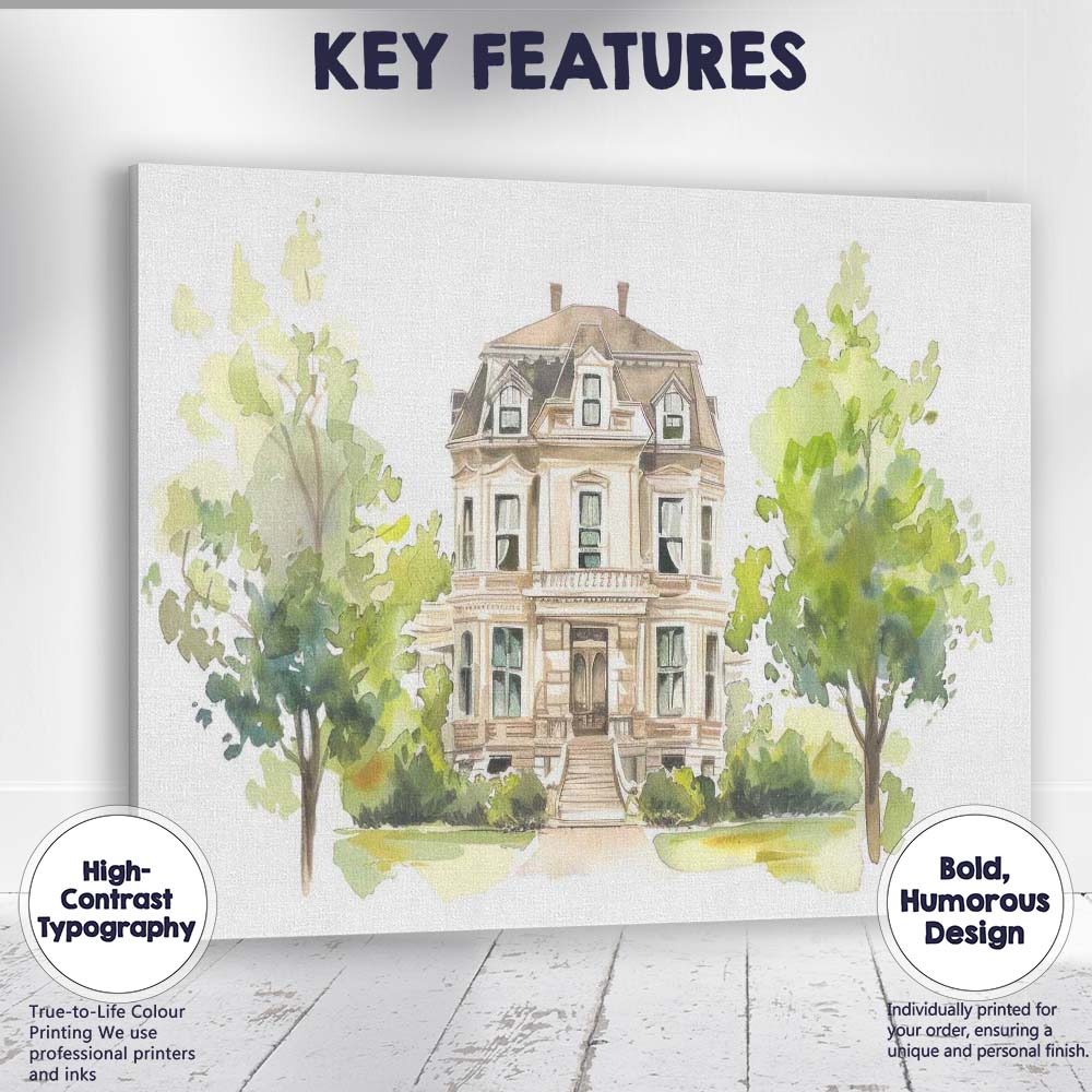 Elegant Victorian House Watercolour Architecture Garden Scene Canvas Wall Art Print Decor Picture Ready to Hang