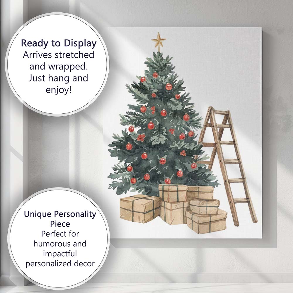Festive Christmas Tree Red Baubles Gifts And Ladder Watercolour Canvas Wall Art Print Decor Picture Ready to Hang