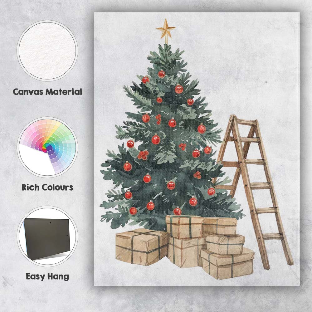 Festive Christmas Tree Red Baubles Gifts And Ladder Watercolour Canvas Wall Art Print Decor Picture Ready to Hang