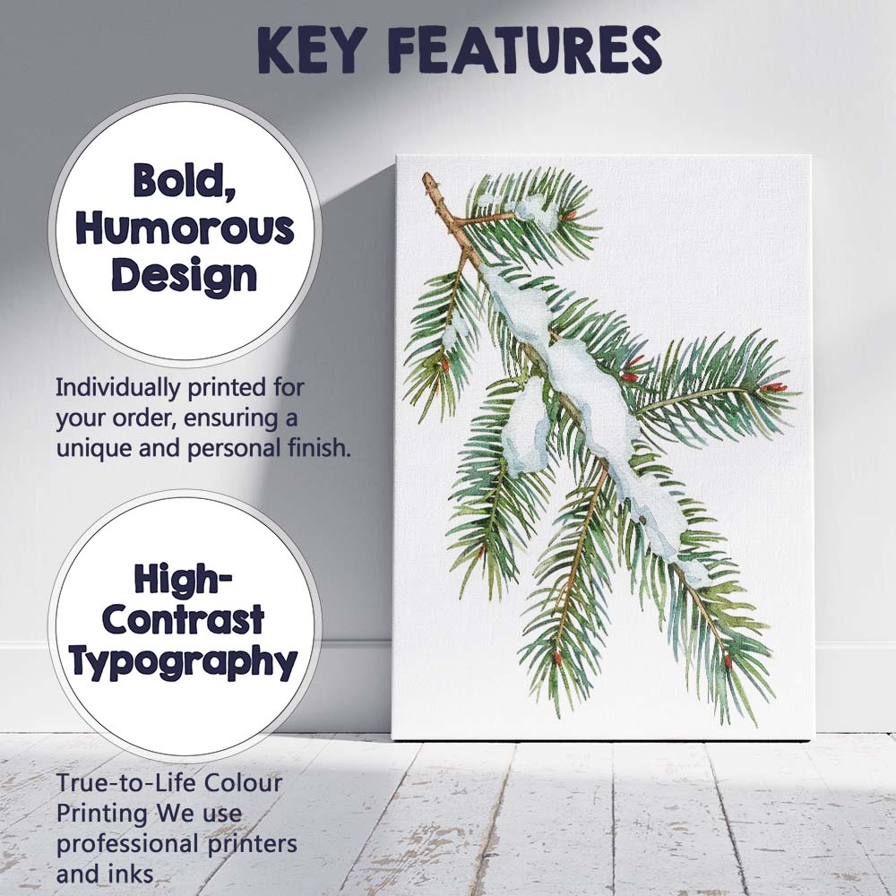 Snow Covered Fir Branch Winter Woodland Watercolour Illustration Canvas Wall Art Print Decor Picture Ready to Hang