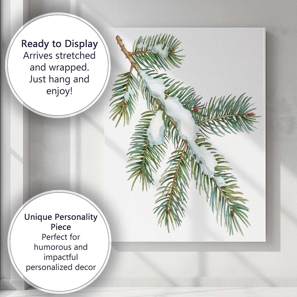 Snow Covered Fir Branch Winter Woodland Watercolour Illustration Canvas Wall Art Print Decor Picture Ready to Hang
