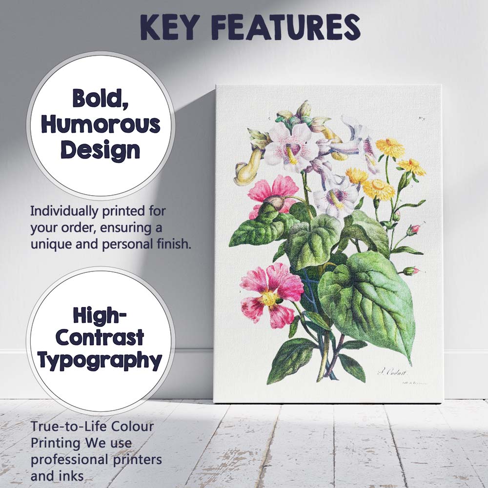 Antique Floral Botanical Bouquet With Pink And Yellow Flowers Illustration Canvas Wall Art Print Decor Picture Ready to Hang