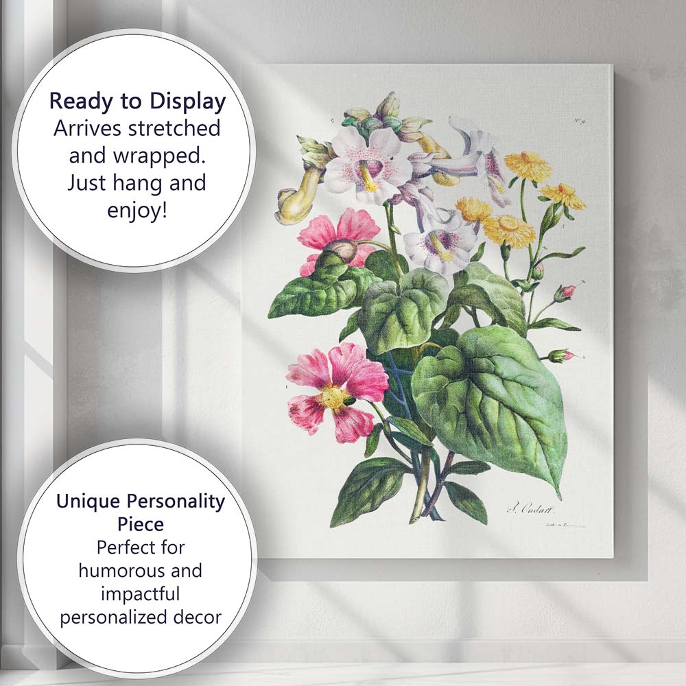 Antique Floral Botanical Bouquet With Pink And Yellow Flowers Illustration Canvas Wall Art Print Decor Picture Ready to Hang