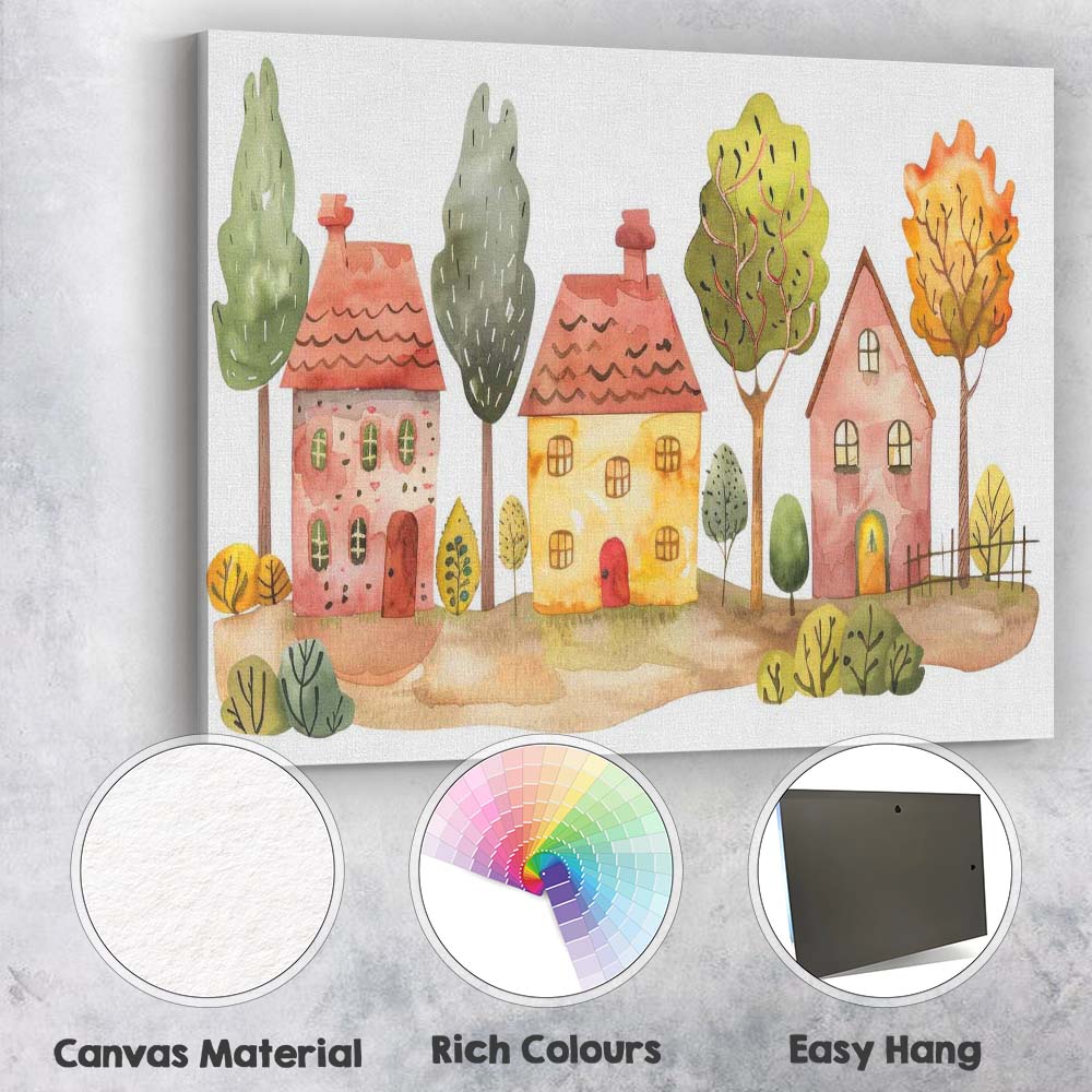 Charming Watercolour Village Houses And Trees Folk Art Illustration Canvas Wall Art Print Decor Picture Ready to Hang