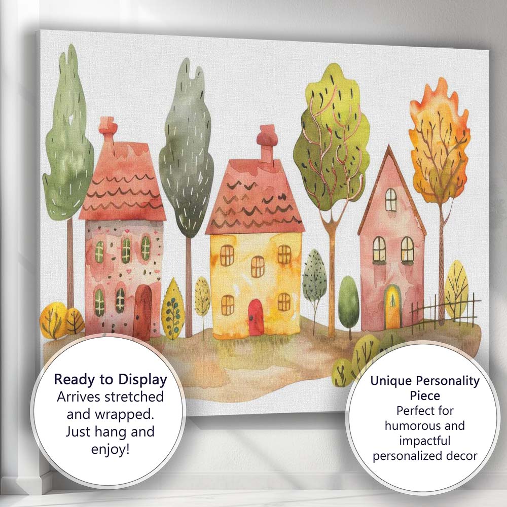 Charming Watercolour Village Houses And Trees Folk Art Illustration Canvas Wall Art Print Decor Picture Ready to Hang