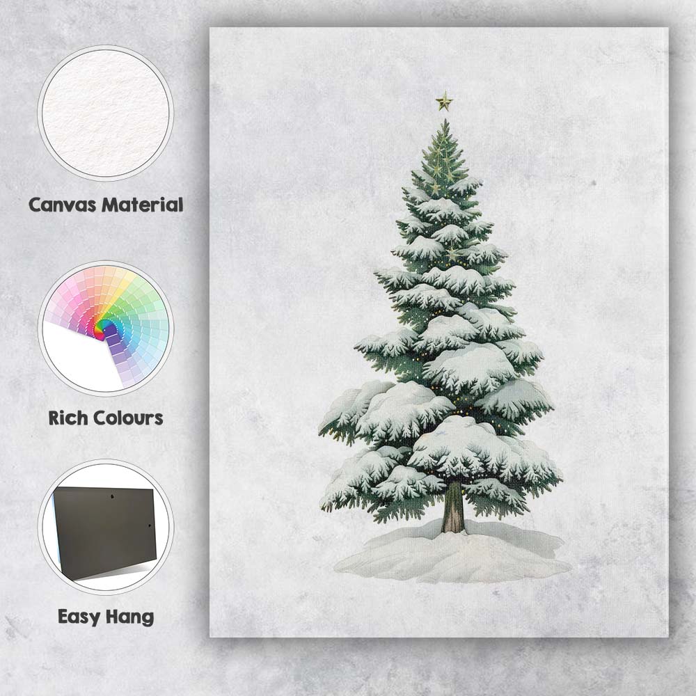 Snow Covered Christmas Fir Tree Winter Evergreen Illustration Canvas Wall Art Print Decor Picture Ready to Hang