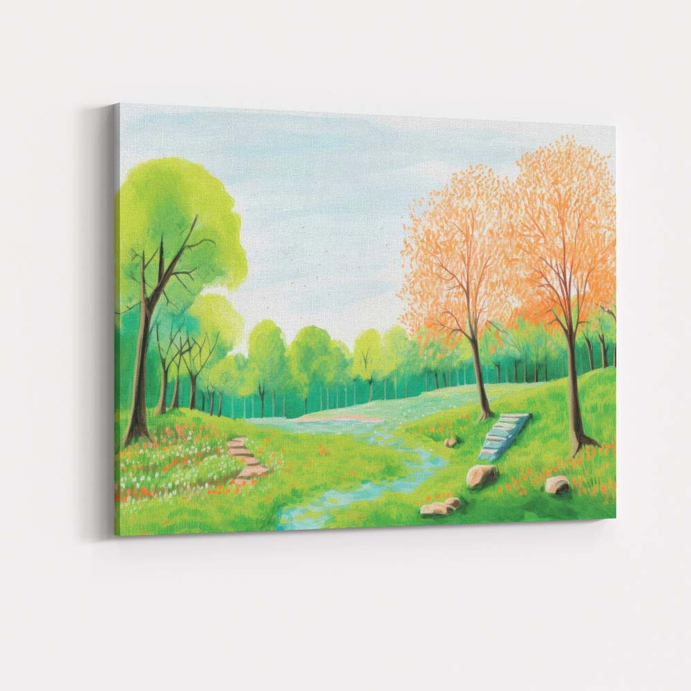 Spring Meadow Landscape Blossoming Trees Scenic Watercolour Illustration Canvas Wall Art Print Decor Picture Ready to Hang