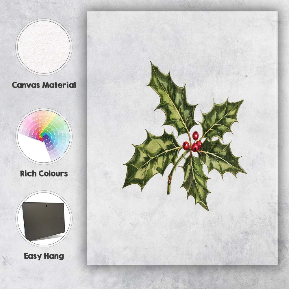 Green Holly Leaves Red Berry Botanical Christmas Illustration Canvas Wall Art Print Decor Picture Ready to Hang