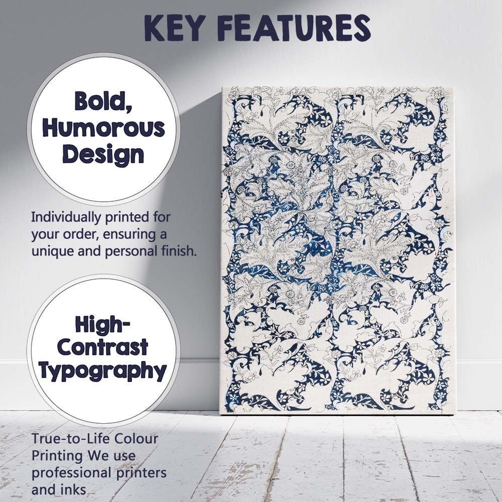Navy Blue William Morris Style Floral Leaf Repeat Pattern Canvas Wall Art Print Decor Picture Ready to Hang