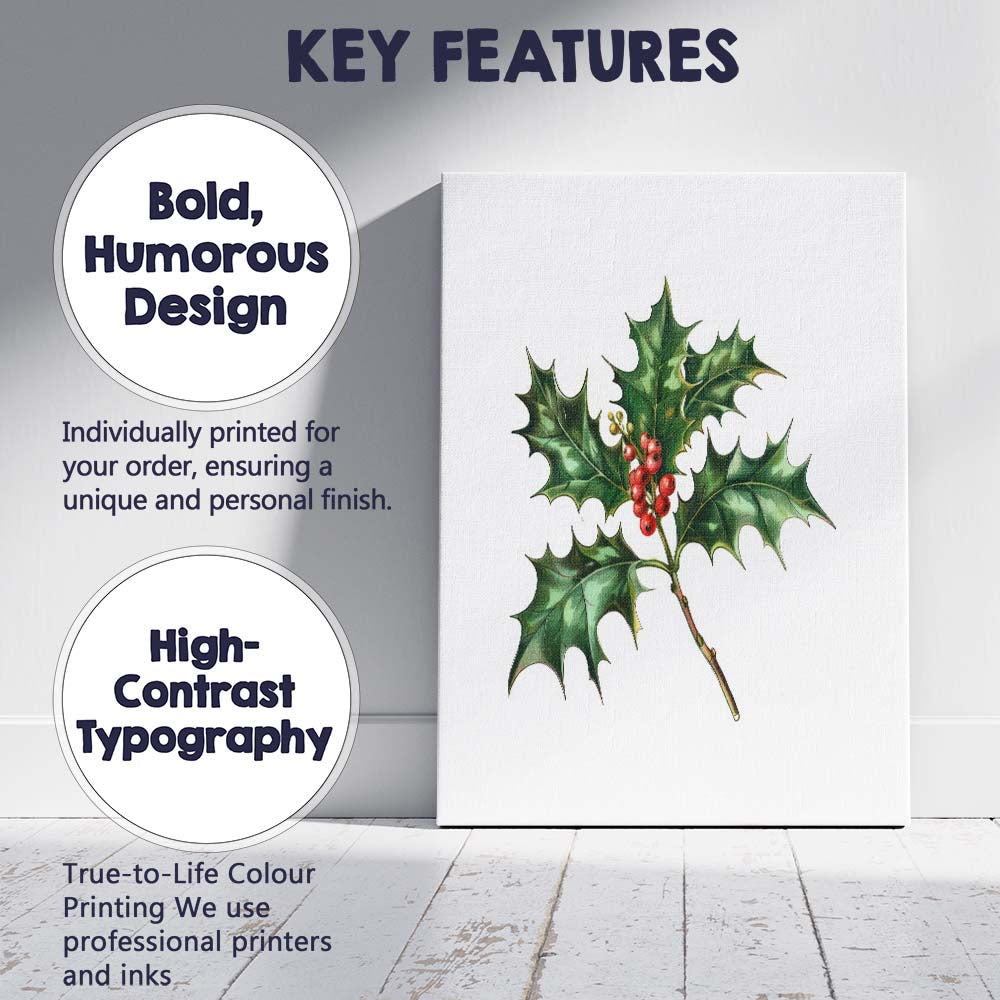 Traditional Holly Branch Red Berry Botanical Watercolour Illustration Canvas Wall Art Print Decor Picture Ready to Hang