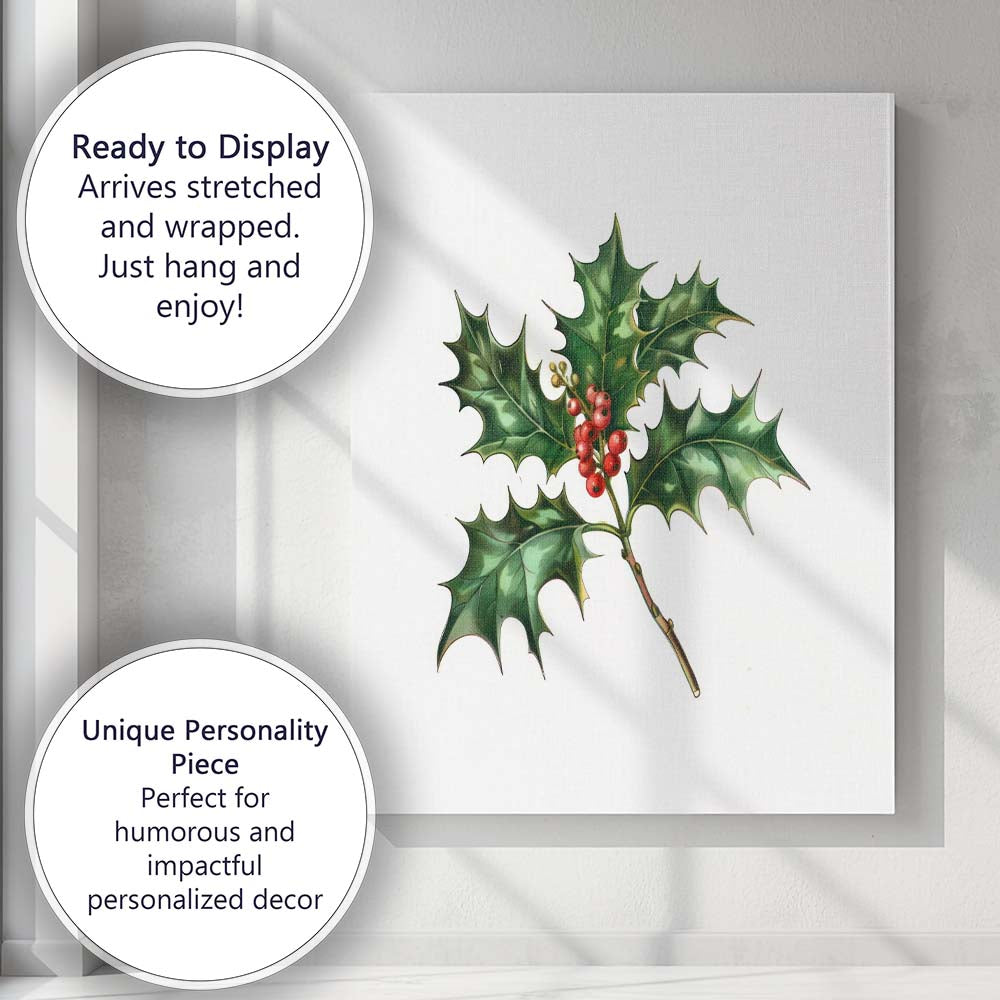 Traditional Holly Branch Red Berry Botanical Watercolour Illustration Canvas Wall Art Print Decor Picture Ready to Hang