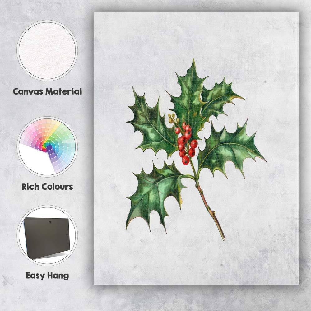 Traditional Holly Branch Red Berry Botanical Watercolour Illustration Canvas Wall Art Print Decor Picture Ready to Hang