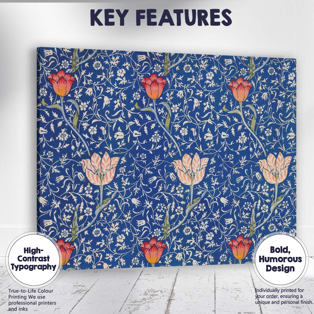 Royal Blue Arts and Crafts Floral Vine Tulip Repeat Pattern Canvas Wall Art Print Decor Picture Ready to Hang