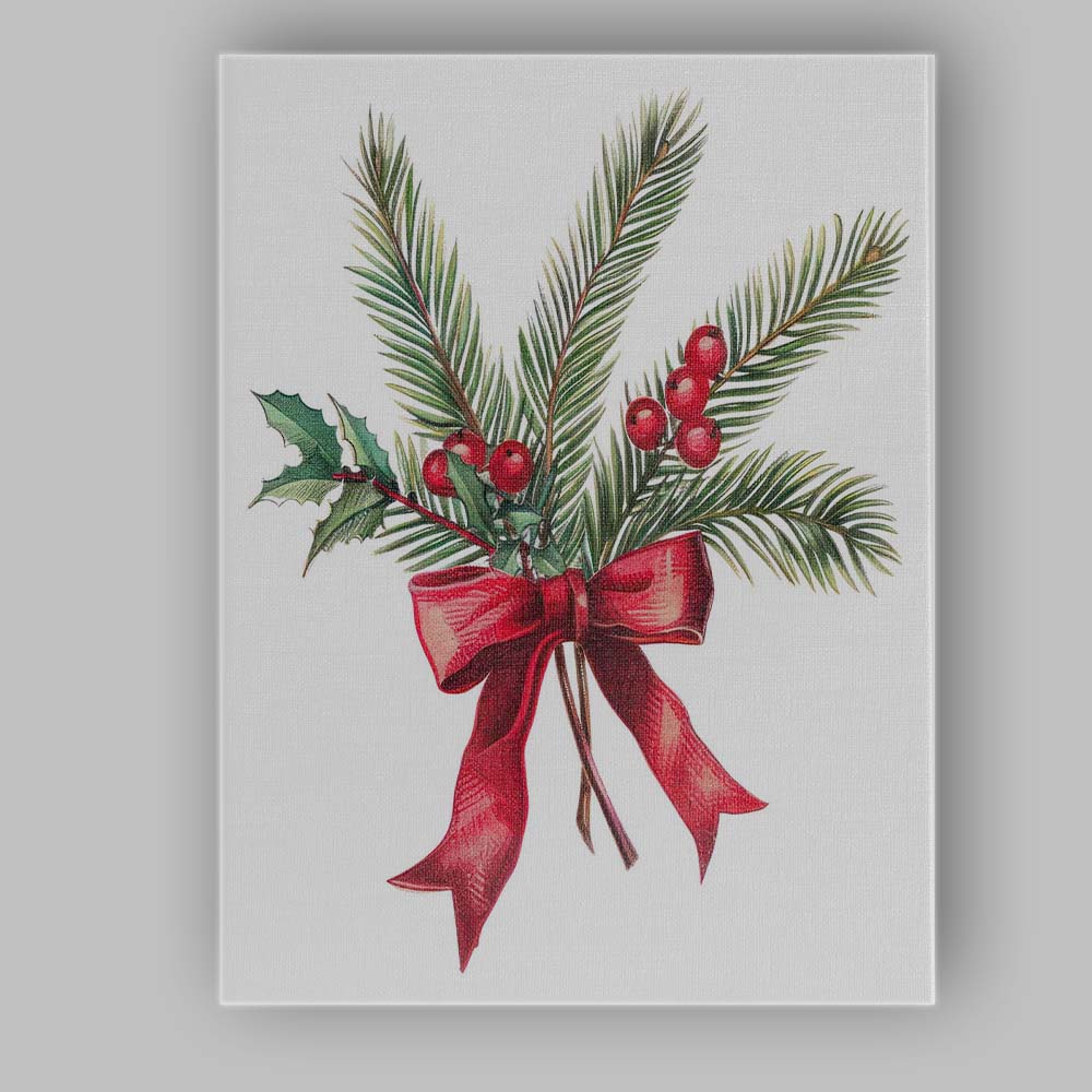 Classic Christmas Evergreen Holly Berries Red Ribbon Arrangement Canvas Wall Art Print Decor Picture Ready to Hang