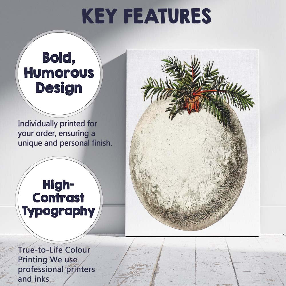 Antique Silver Christmas Ornament with Evergreen Branch Illustration Canvas Wall Art Print Decor Picture Ready to Hang