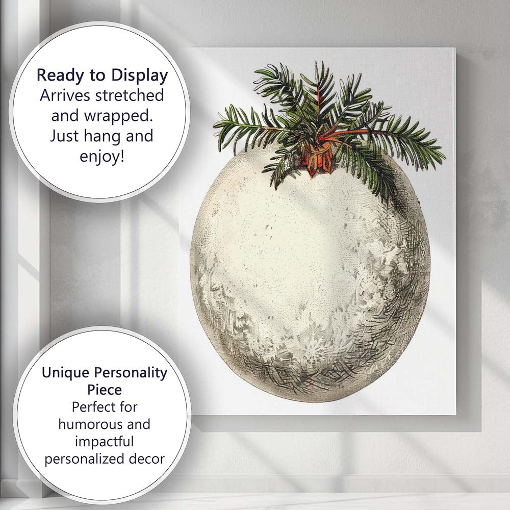 Antique Silver Christmas Ornament with Evergreen Branch Illustration Canvas Wall Art Print Decor Picture Ready to Hang