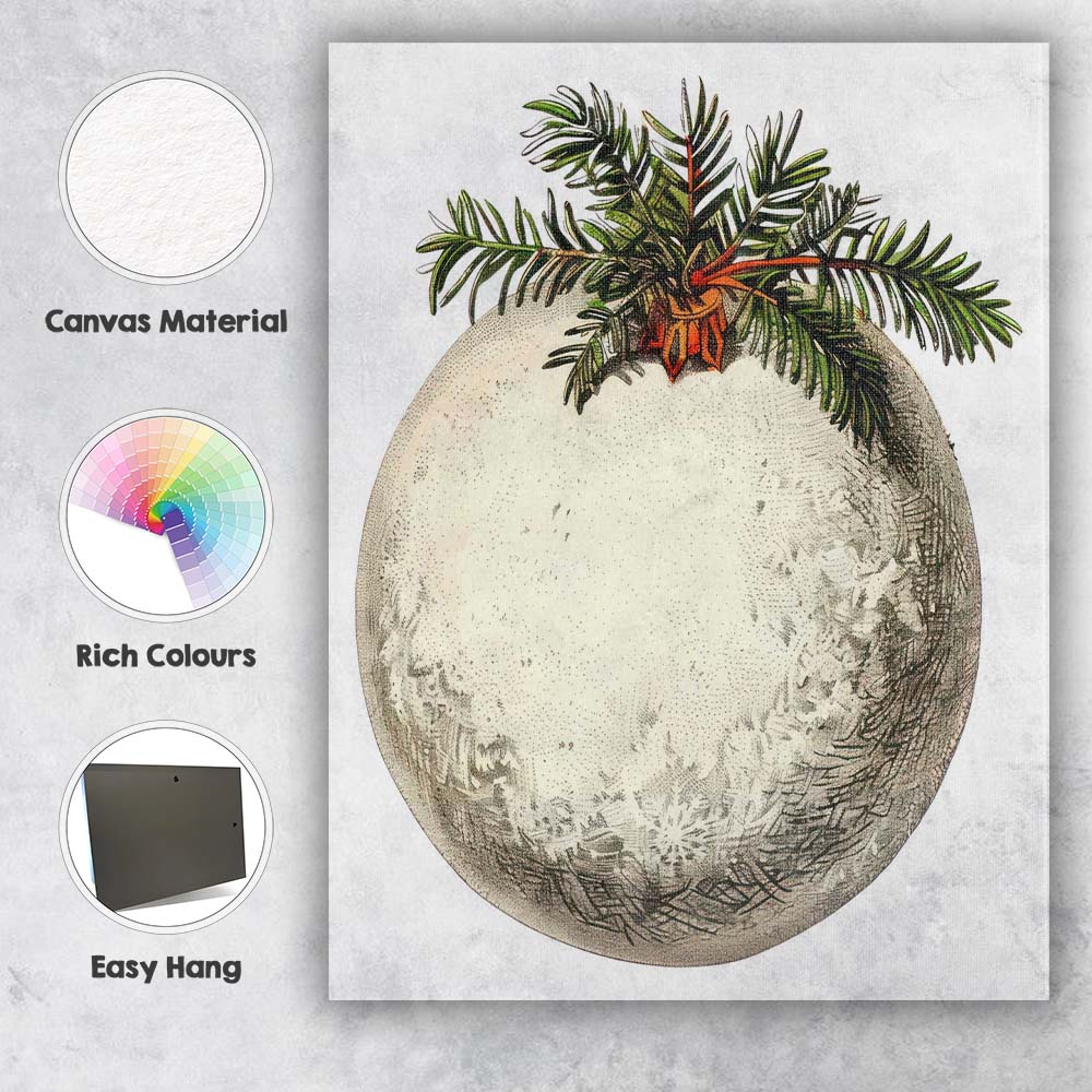 Antique Silver Christmas Ornament with Evergreen Branch Illustration Canvas Wall Art Print Decor Picture Ready to Hang
