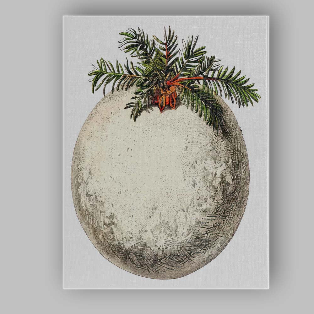 Antique Silver Christmas Ornament with Evergreen Branch Illustration Canvas Wall Art Print Decor Picture Ready to Hang