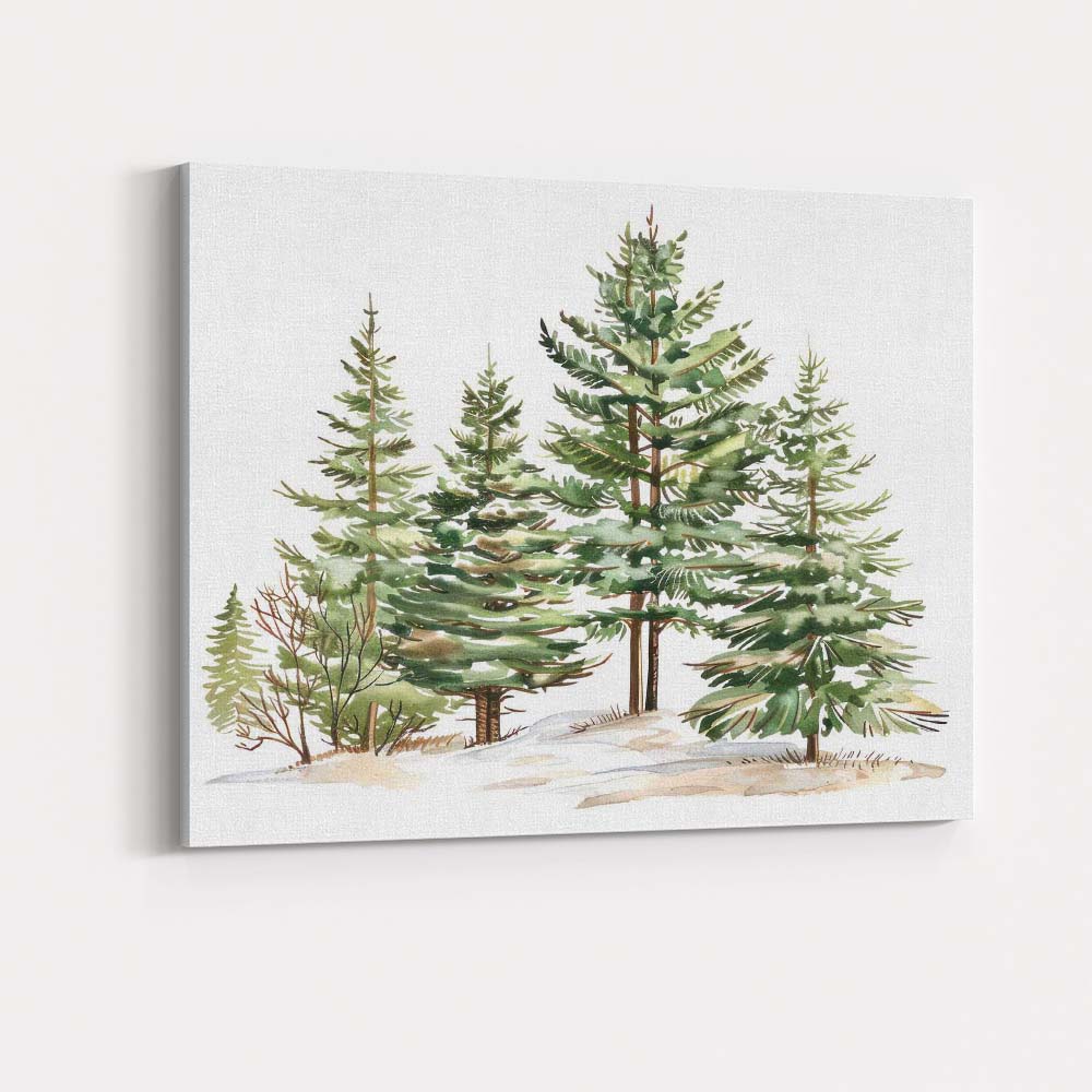 Watercolour Evergreen Pine Forest Winter Woodland Illustration Canvas Wall Art Print Decor Picture Ready to Hang