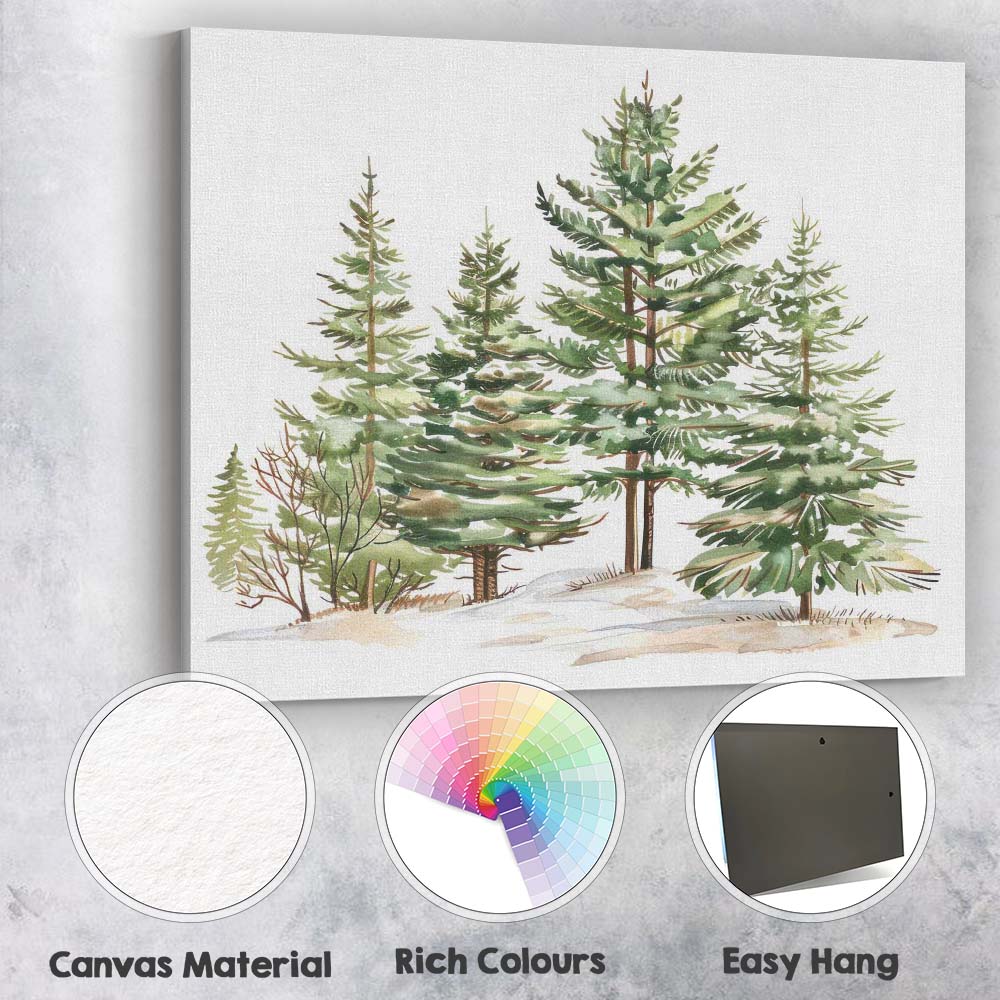 Watercolour Evergreen Pine Forest Winter Woodland Illustration Canvas Wall Art Print Decor Picture Ready to Hang