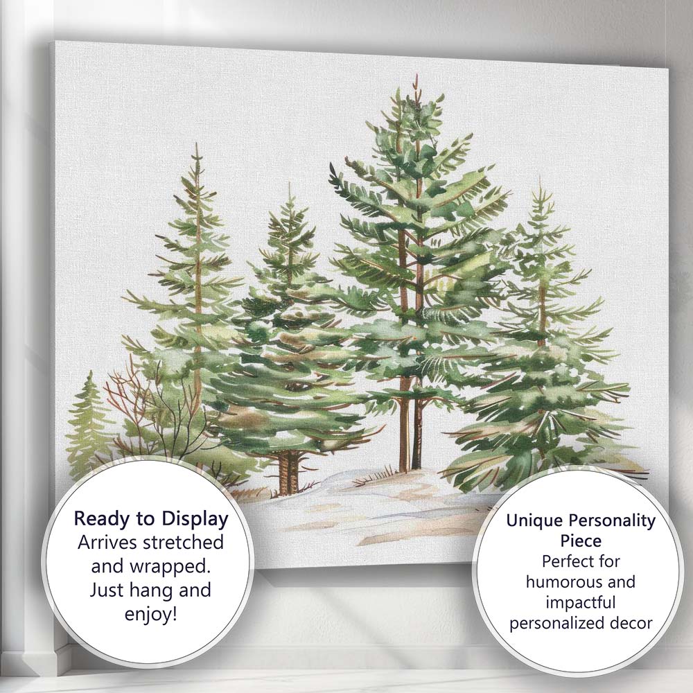 Watercolour Evergreen Pine Forest Winter Woodland Illustration Canvas Wall Art Print Decor Picture Ready to Hang
