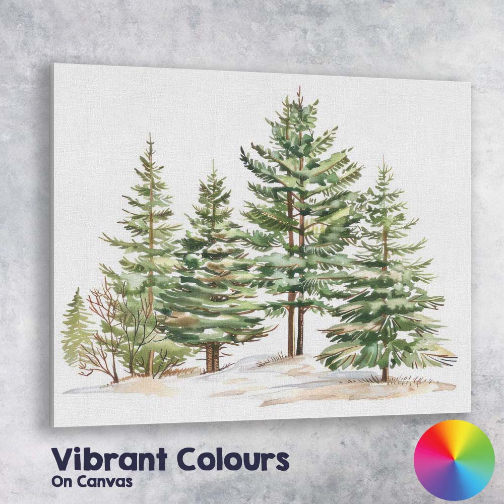 Watercolour Evergreen Pine Forest Winter Woodland Illustration Canvas Wall Art Print Decor Picture Ready to Hang