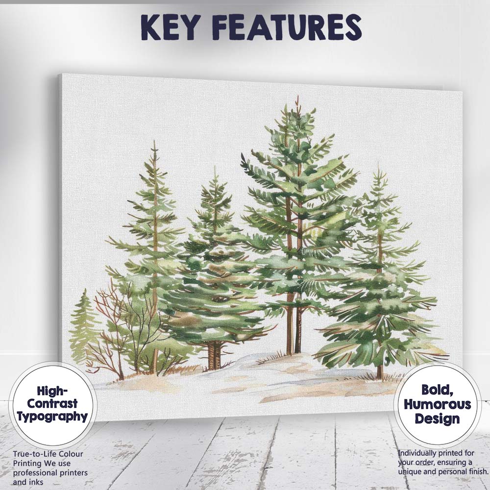 Watercolour Evergreen Pine Forest Winter Woodland Illustration Canvas Wall Art Print Decor Picture Ready to Hang