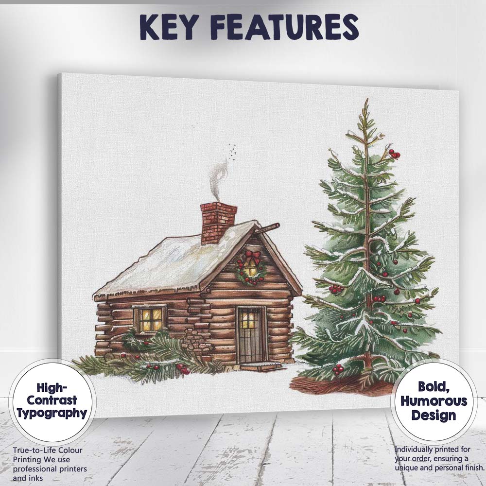 Rustic Christmas Log Cabin and Decorated Fir Tree Illustration Canvas Wall Art Print Decor Picture Ready to Hang