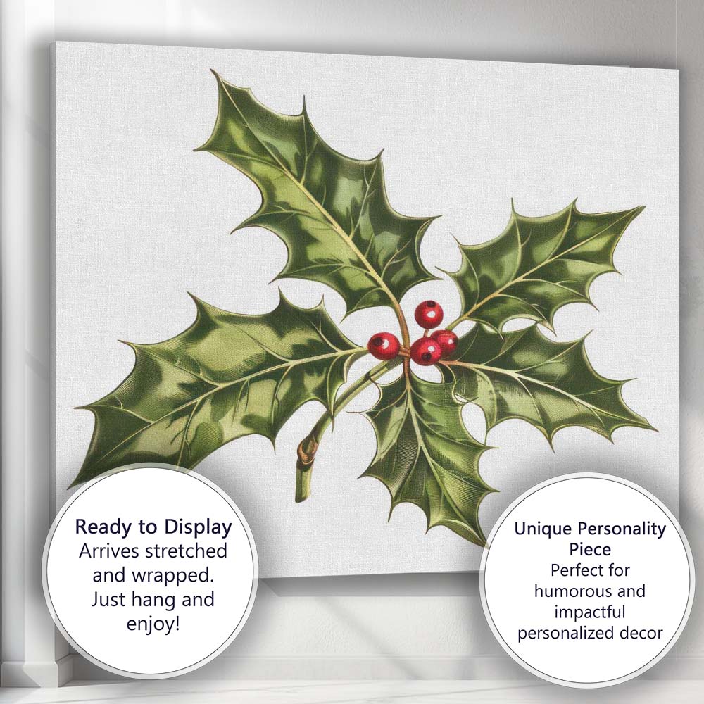 Classic Holly Leaves and Red Berries Botanical Christmas Illustration Canvas Wall Art Print Decor Picture Ready to Hang