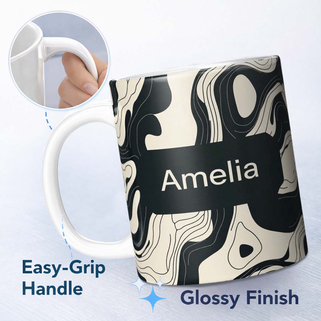 Personalized Custom Name Layered Terrain Waves Black Grey Abstract Landscape Pattern Lovely 11oz Ceramic Coffee Tea Mug White Large Handle