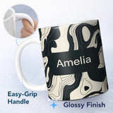 Personalized Custom Name Layered Terrain Waves Black Grey Abstract Landscape Pattern Lovely 11oz Ceramic Coffee Tea Mug White Large Handle