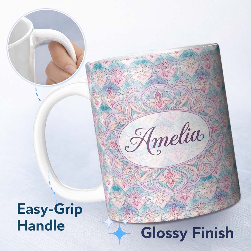 Personalized Custom Name Pastel Art Nouveau Floral Soft Pink and Blue Seamless Pattern Lovely 11oz Ceramic Coffee Tea Mug White Large Handle