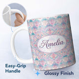 Personalized Custom Name Pastel Art Nouveau Floral Soft Pink and Blue Seamless Pattern Lovely 11oz Ceramic Coffee Tea Mug White Large Handle