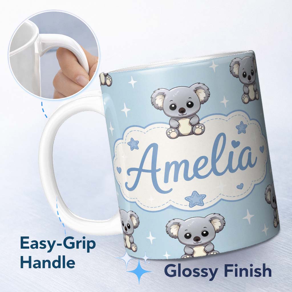 Personalized Custom Name Cute Koala Bears with Stars Blue Background Seamless Pattern Lovely 11oz Ceramic Coffee Tea Mug White Large Handle