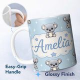 Personalized Custom Name Cute Koala Bears with Stars Blue Background Seamless Pattern Lovely 11oz Ceramic Coffee Tea Mug White Large Handle