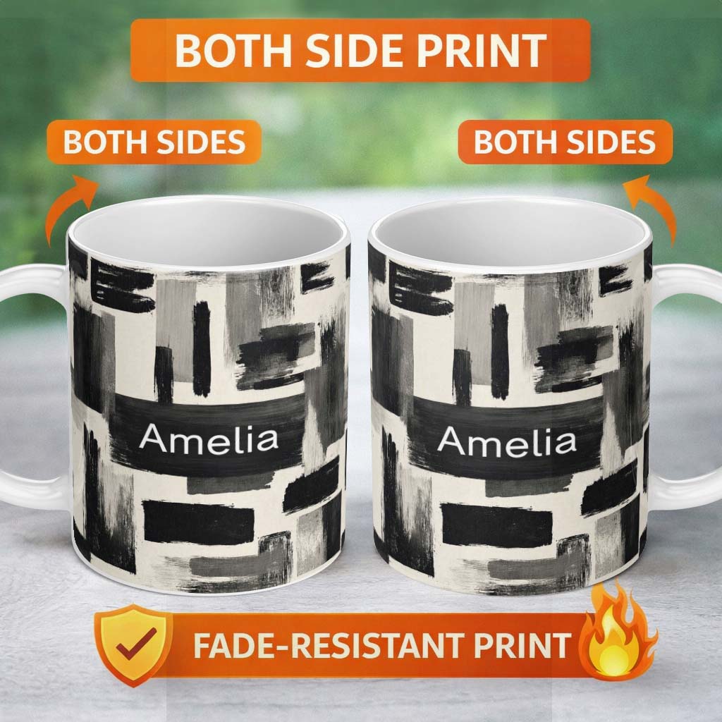 Personalized Custom Name Monochrome Brushstroke Blocks Black Grey Abstract Texture Pattern 11oz Ceramic Coffee Tea Mug White Large Handle