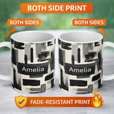 Personalized Custom Name Monochrome Brushstroke Blocks Black Grey Abstract Texture Pattern 11oz Ceramic Coffee Tea Mug White Large Handle