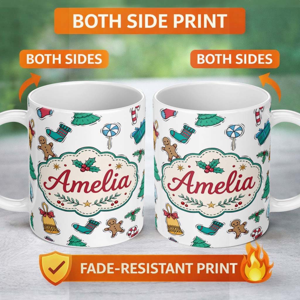 Personalized Custom Name Cute Gingerbread Cookie Ornament Tree Bell Seamless Pattern Lovely 11oz Ceramic Coffee Tea Mug White Large Handle