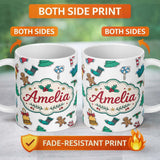 Personalized Custom Name Cute Gingerbread Cookie Ornament Tree Bell Seamless Pattern Lovely 11oz Ceramic Coffee Tea Mug White Large Handle