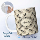Personalized Custom Name Vintage Raven and Floral Grunge Seamless Pattern in Neutral Tones 11oz Ceramic Coffee Tea Mug White Large Handle